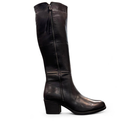 Roamers Peace black leather knee-high boot with block heel and decorative side zipper.
photo of the right side