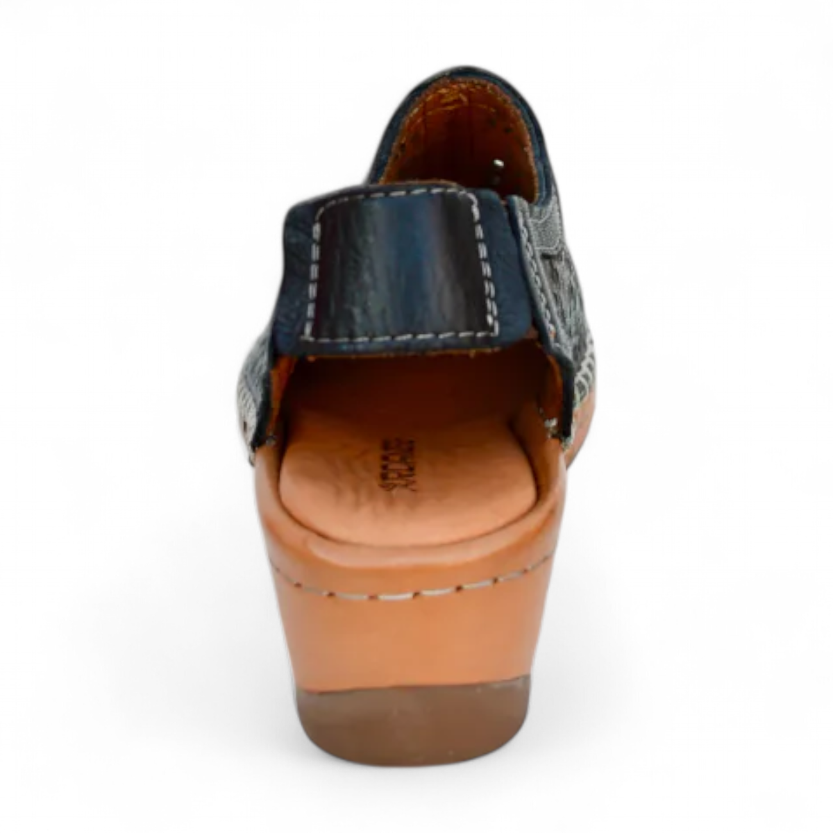 Roamers Petra black leather wedge sandal with laser-cut floral detailing and back strap elastic gore.
photo of the back side