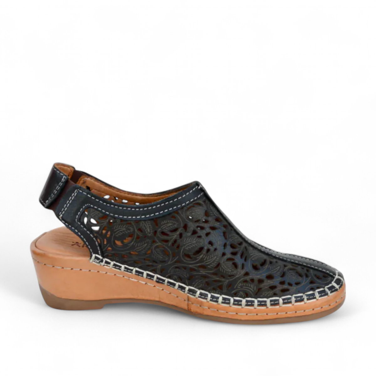 Roamers Petra black leather wedge sandal with laser-cut floral detailing and back strap elastic gore.
photo of the right side