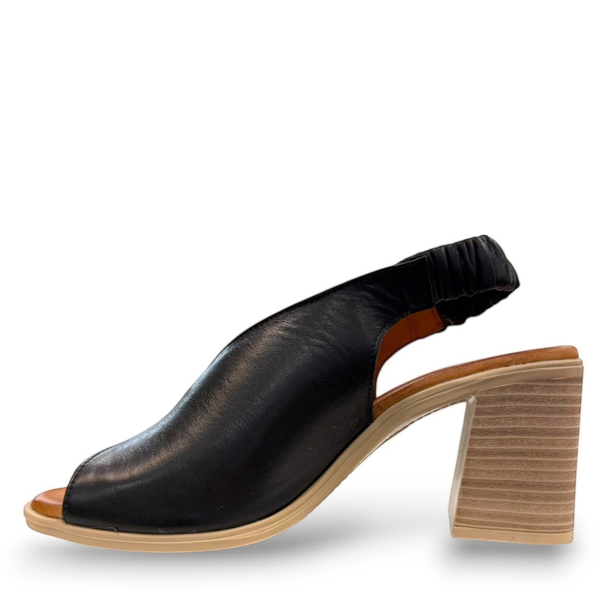 Roamers Qiana black leather open-toe slingback sandals with a 3-inch block heel and elasticated strap.
photo of the left side