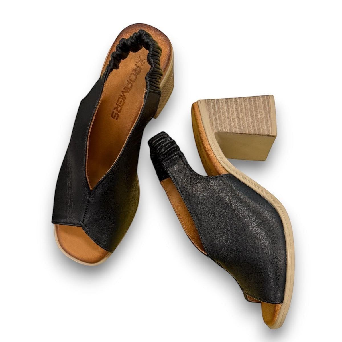 Roamers Qiana black leather open-toe slingback sandals with a 3-inch block heel and elasticated strap.
photo of the top side