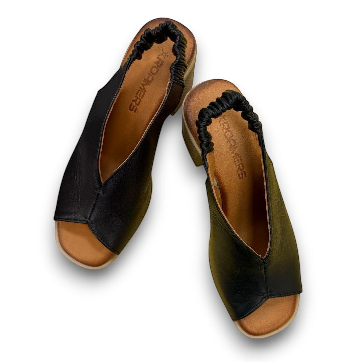 Roamers Qiana black leather open-toe slingback sandals with a 3-inch block heel and elasticated strap.
photo of the top side