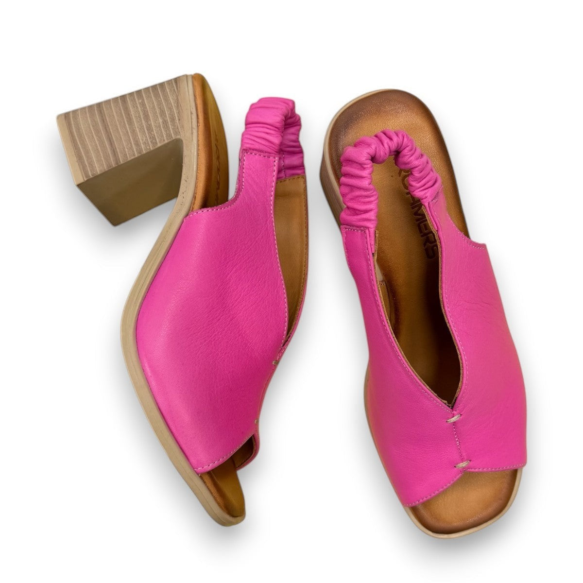 Roamers Qiana fuchsia leather slingback sandals with a 3-inch block heel and elasticated back strap. 
photo of the top side
