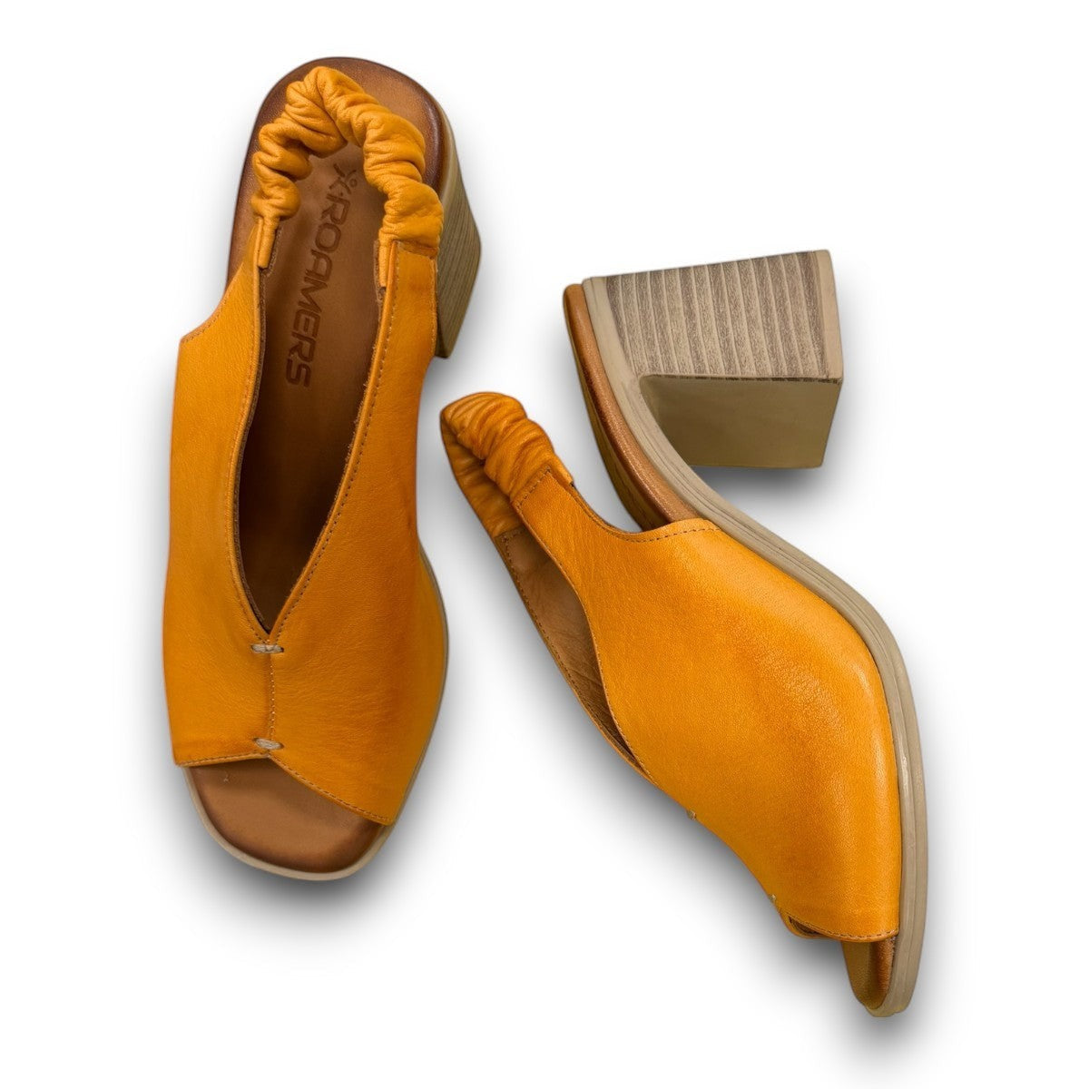 Roamers Qiana orange leather slingback sandals with a 3-inch block heel and elasticated back strap
photo of the top