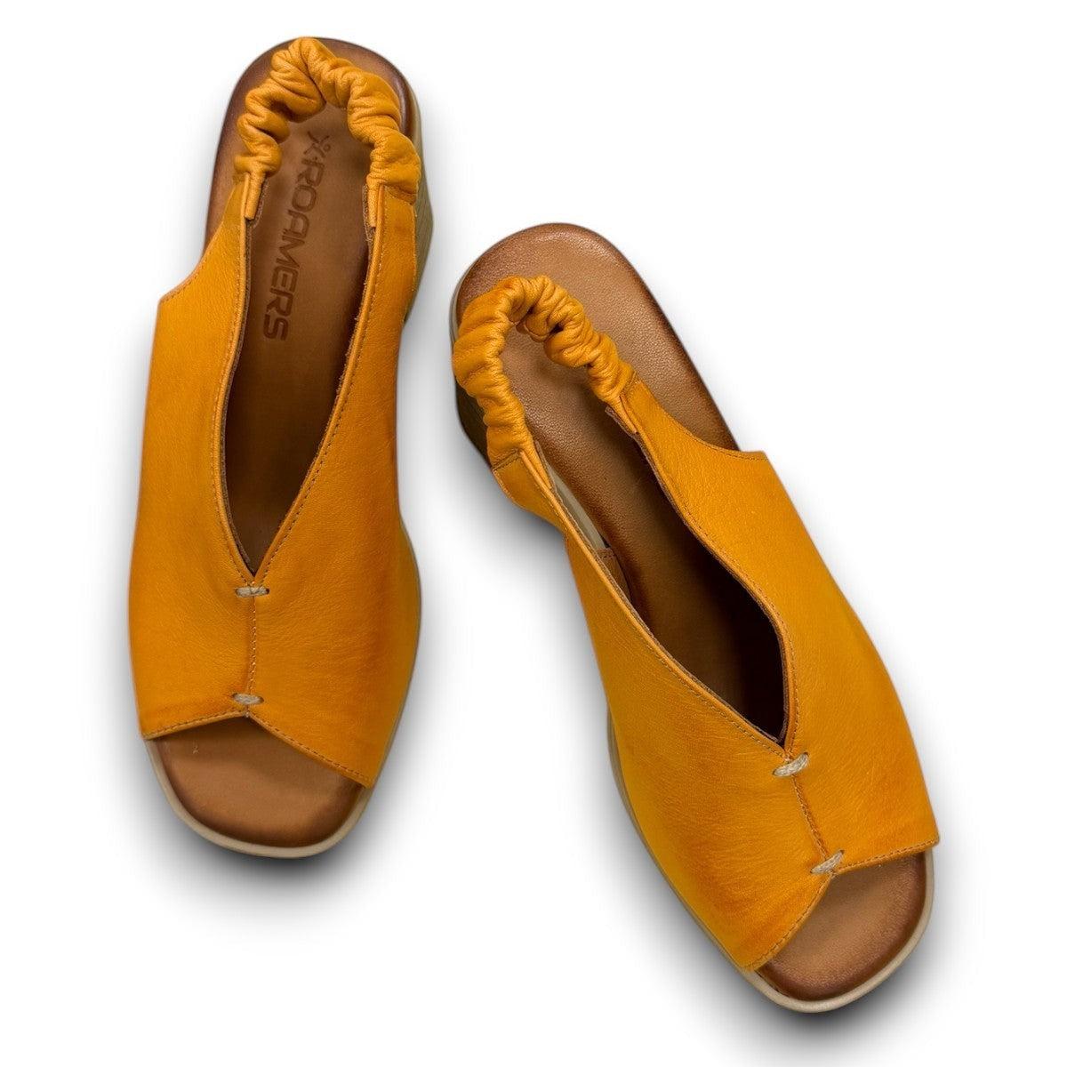 Roamers Qiana orange leather slingback sandals with a 3-inch block heel and elasticated back strap
photo of the top