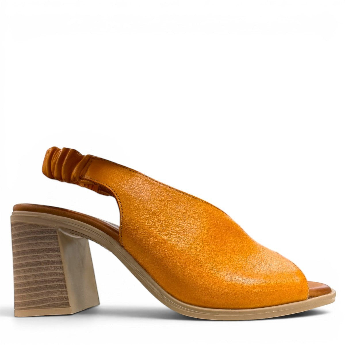 Roamers Qiana orange leather slingback sandals with a 3-inch block heel and elasticated back strap
photo of the right