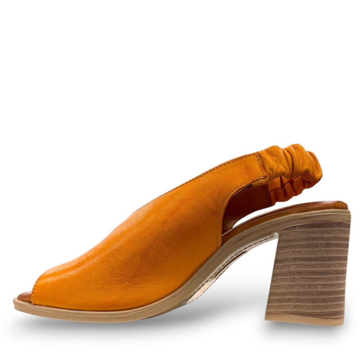 Roamers Qiana orange leather slingback sandals with a 3-inch block heel and elasticated back strap
photo of the left