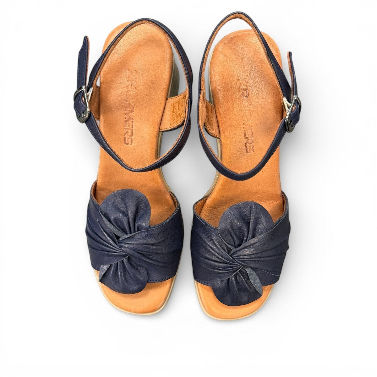 Roamers Quana navy leather heeled sandals with an adjustable instep strap and 2.5-inch block heel.
photo of the top side