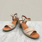 Roamers Quilla silver gray leather heeled sandals with an adjustable instep strap and block heel.
photo of the front side