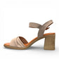 Roamers Quilla silver gray leather heeled sandals with an adjustable instep strap and block heel.
photo of the left side