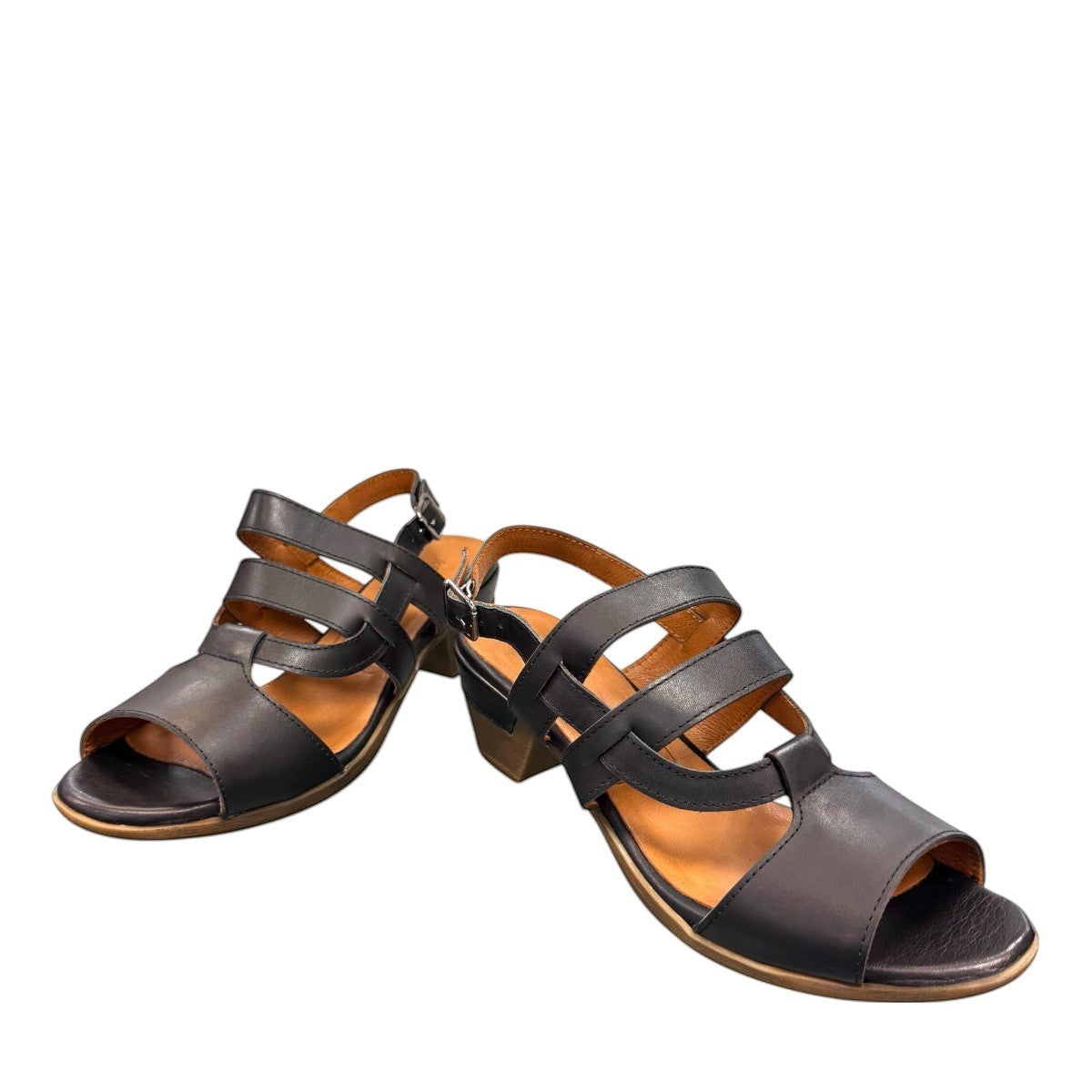 roamers Remi black leather heeled sandals with an adjustable back strap and comfortable rubber outsole.
photo of the front side