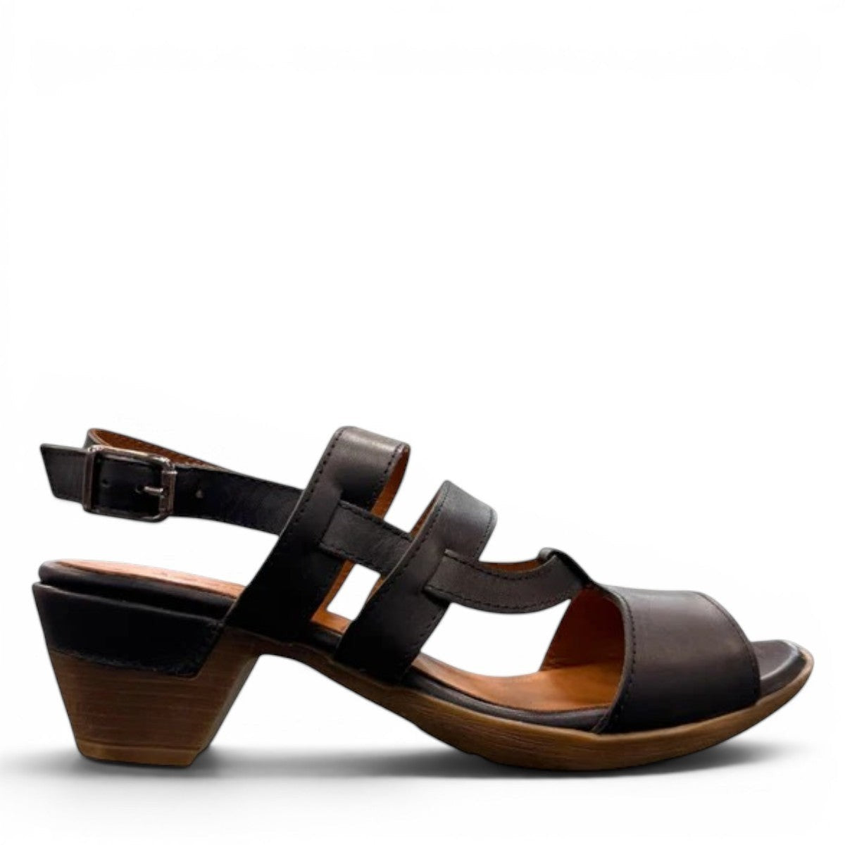 roamers Remi black leather heeled sandals with an adjustable back strap and comfortable rubber outsole.
photo of the right side