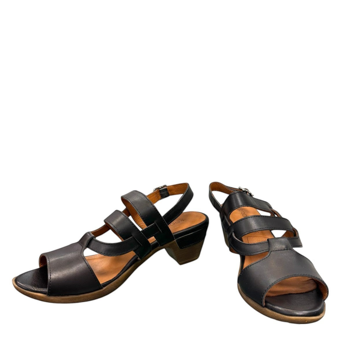 roamers Remi black leather heeled sandals with an adjustable back strap and comfortable rubber outsole.
photo of the front side