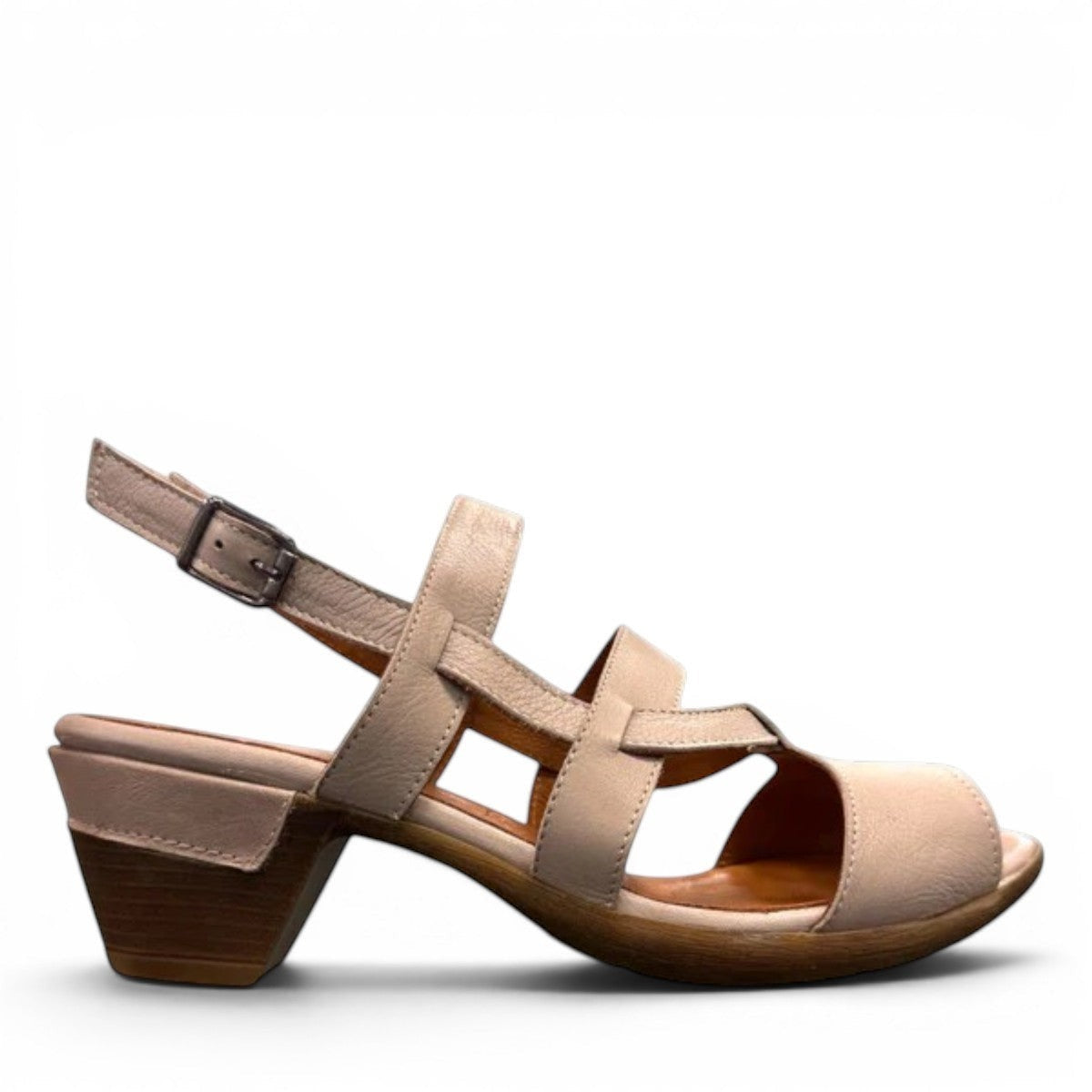roamers Remi silver grey leather heeled sandals with an adjustable back strap and comfortable block heel.
photo of the right side