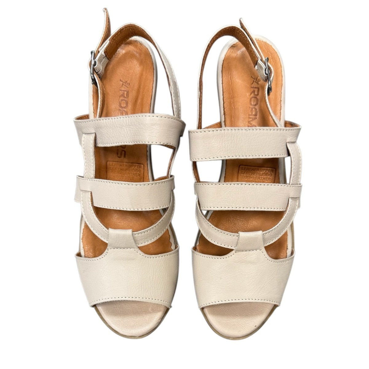 roamers Remi silver grey leather heeled sandals with an adjustable back strap and comfortable block heel.
photo of the top side