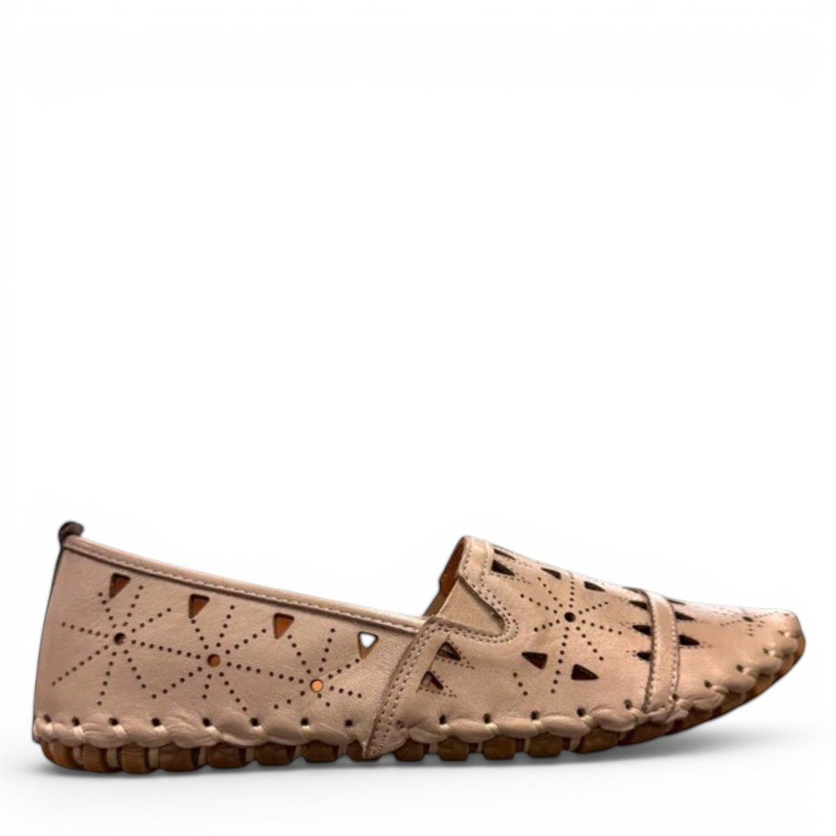 roamers silver gray leather slip-on loafer with geometric laser cutouts and artisan stitched detailing.
photo of the right side