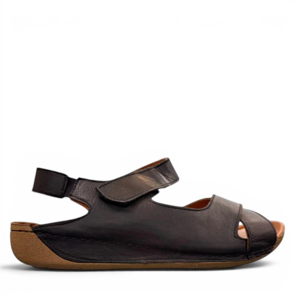 Roamers Talani black leather sandals with a velcro instep strap and comfortable rubber outsole.
photo of the right side