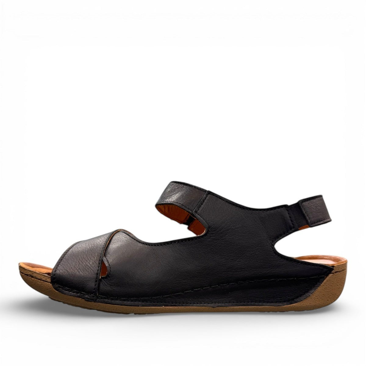 Roamers Talani black leather sandals with a velcro instep strap and comfortable rubber outsole.
photo of the  left side