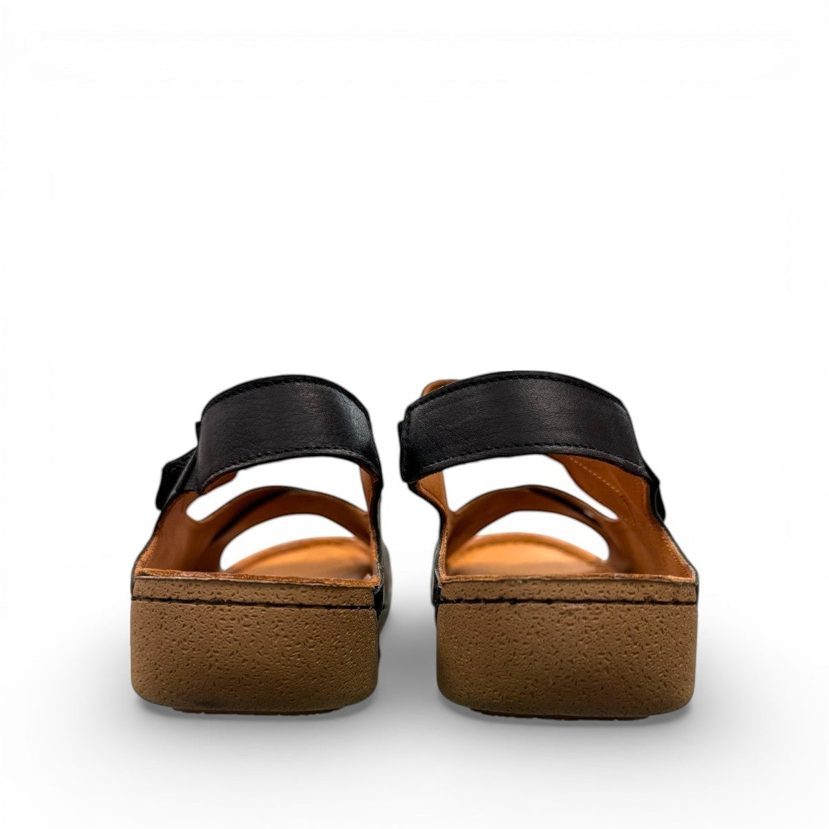 Roamers Talani black leather sandals with a velcro instep strap and comfortable rubber outsole.
photo of the back side
