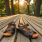 Roamers Talani black leather sandals with a velcro instep strap and comfortable rubber outsole.
photo of the  front side