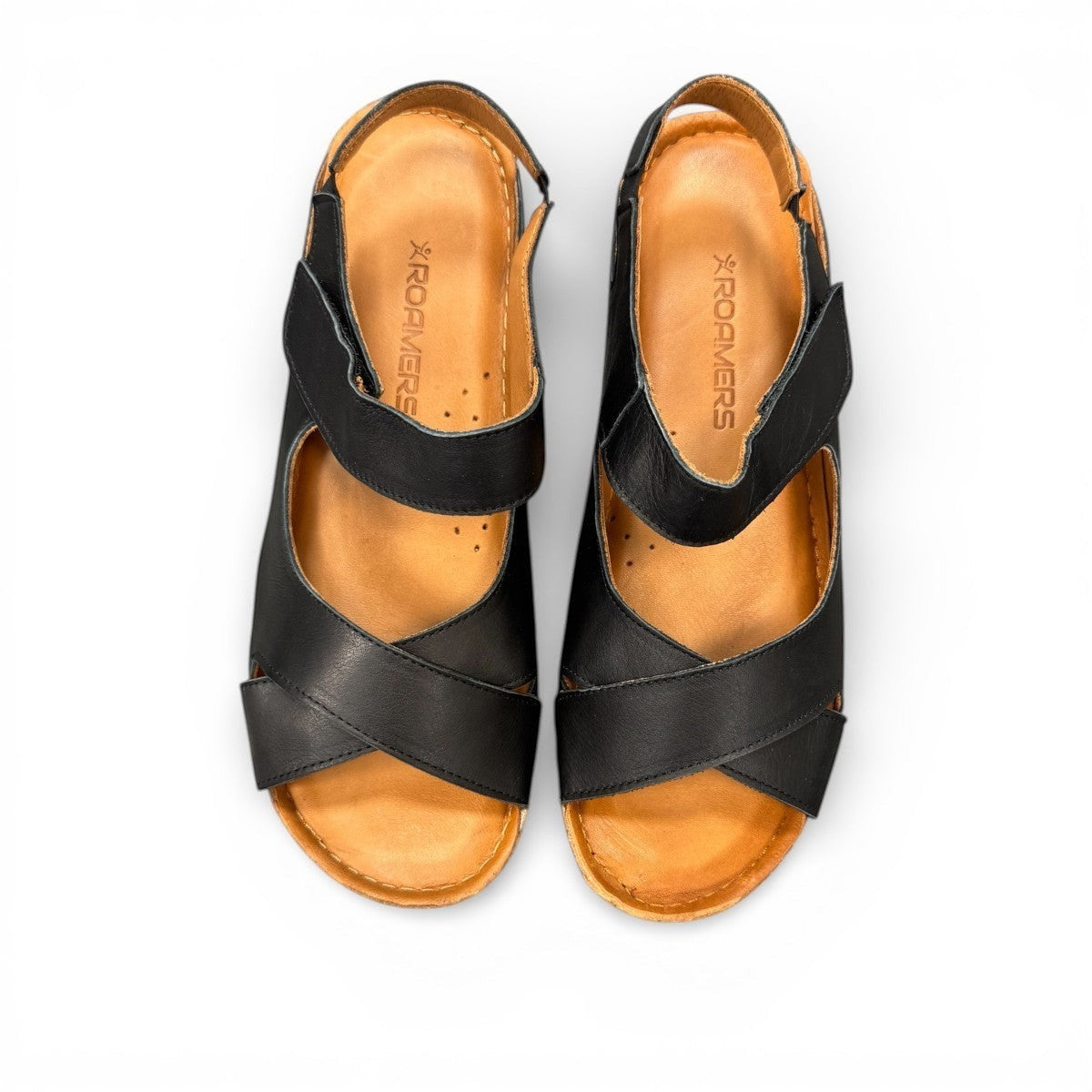 Roamers Talani black leather sandals with a velcro instep strap and comfortable rubber outsole.
photo of the  top side
