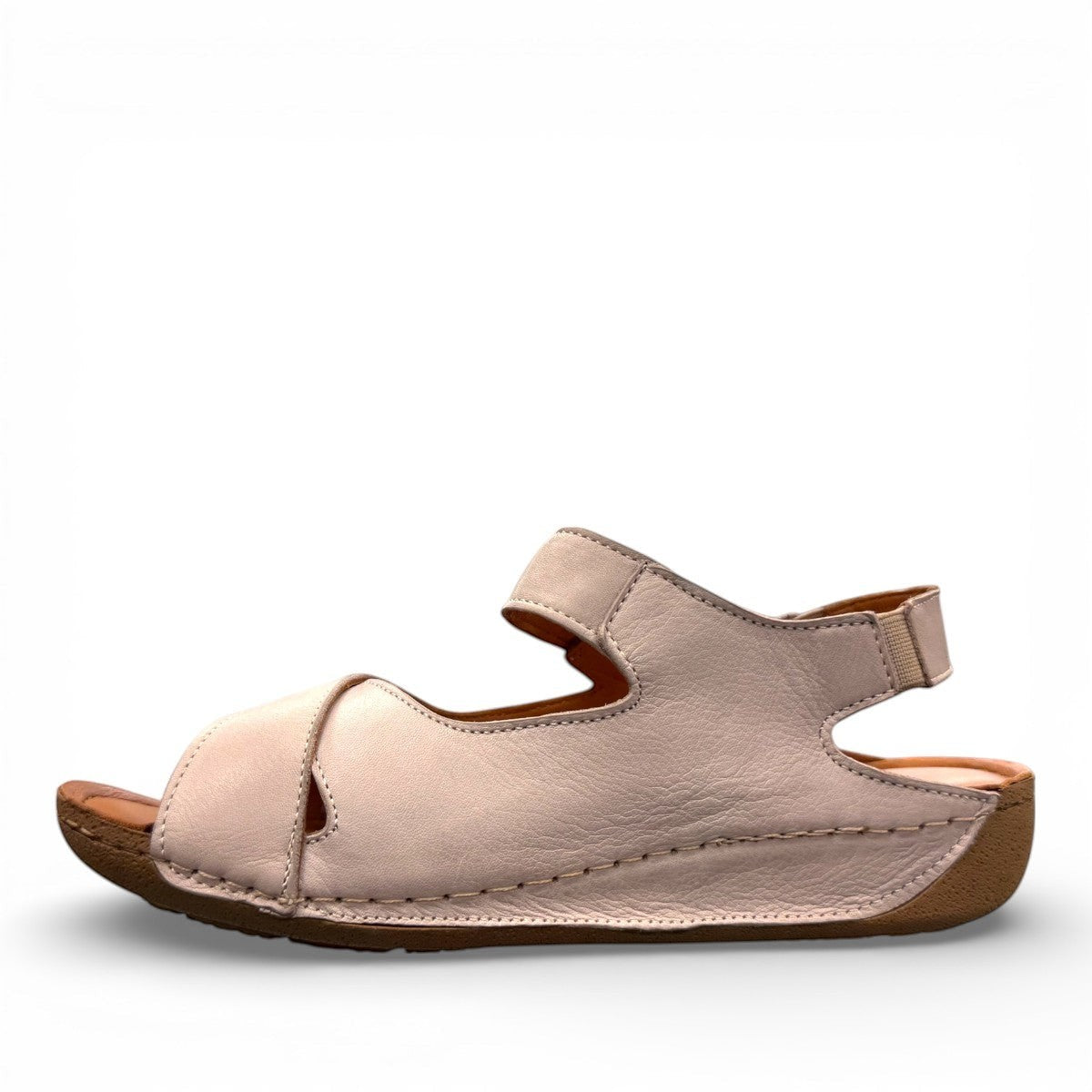 Roamers Talani mink leather sandal with a velcro instep strap and rubber outsole, side view.
photo of the left side