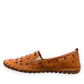 roamers tan leather slip-on loafer with geometric laser cutouts, artisan stitching, and flexible rubber outsole.
photo of the left side