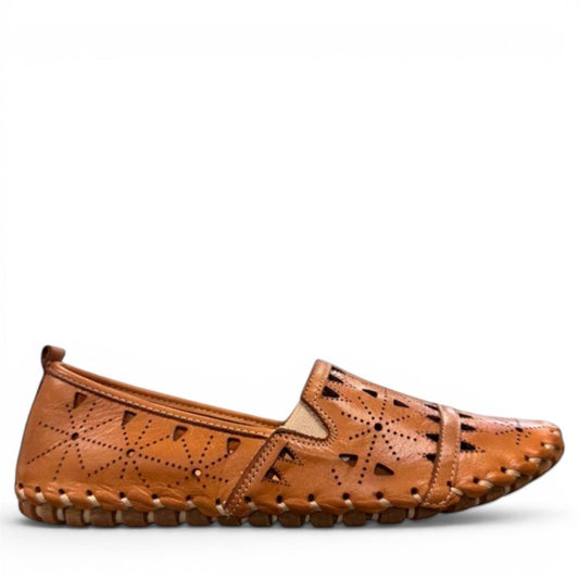 roamers tan leather slip-on loafer with geometric laser cutouts, artisan stitching, and flexible rubber outsole.
photo of the right side