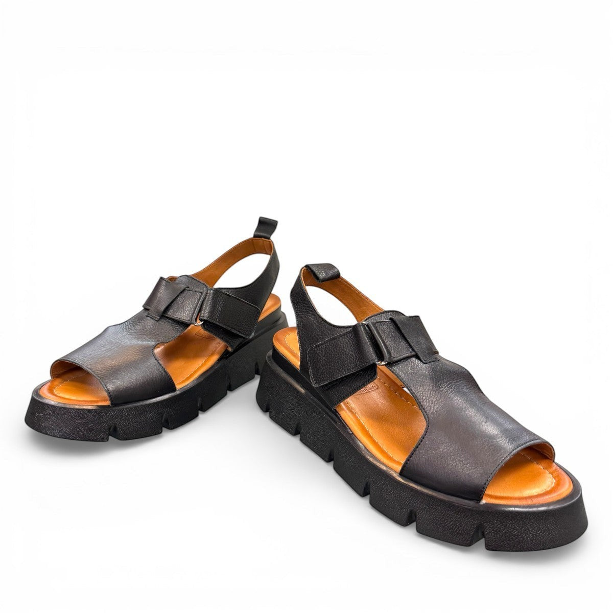 Roamers Ulyana 01 black leather platform sandal with adjustable straps and tan insole.
photo of the front side