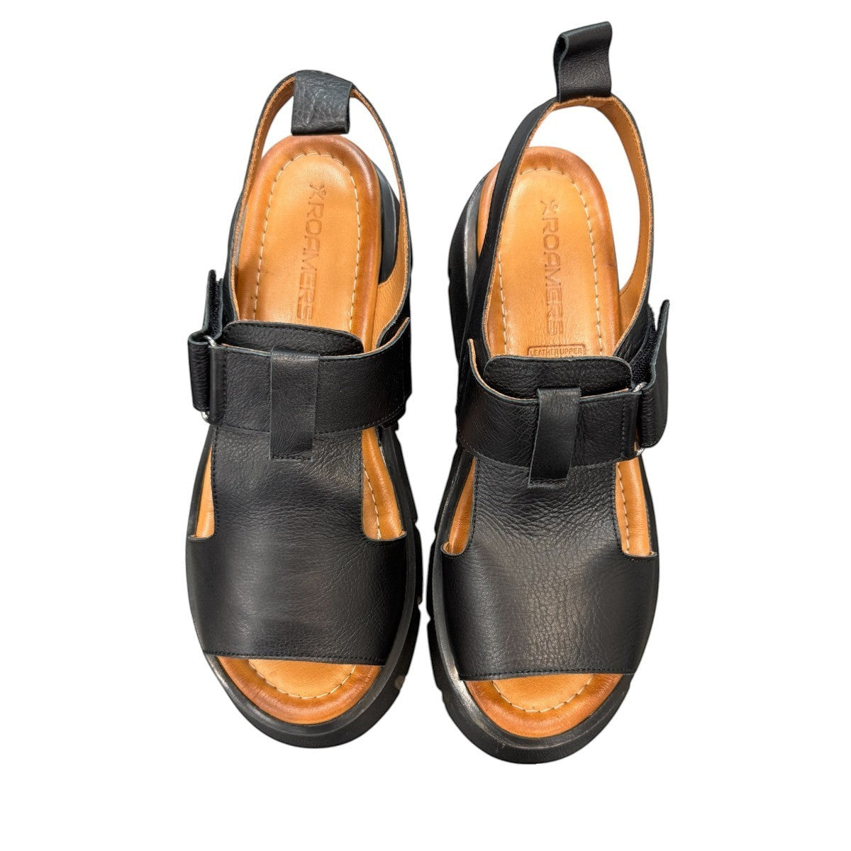 Roamers Ulyana 01 black leather platform sandal with adjustable straps and tan insole.
photo of the top side
