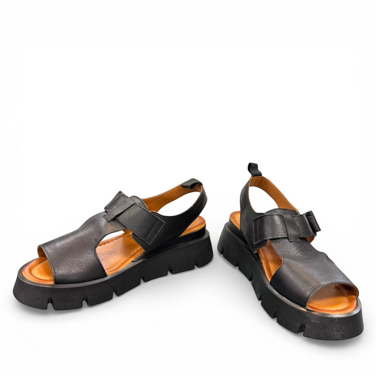 Roamers Ulyana 01 black leather platform sandal with adjustable straps and tan insole.
photo of the front side