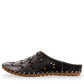 Roamers black leather slip-on mules with perforated cutouts and contrast stitching on a rubber sole.
photo of the left side