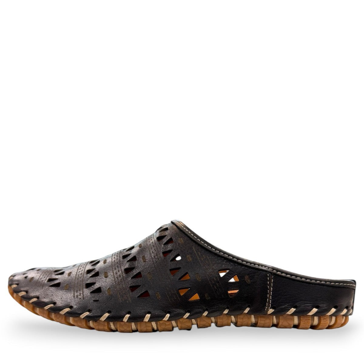 Roamers black leather slip-on mules with perforated cutouts and contrast stitching on a rubber sole.
photo of the left side