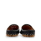 Roamers black leather slip-on mules with perforated cutouts and contrast stitching on a rubber sole.
photo of the back side