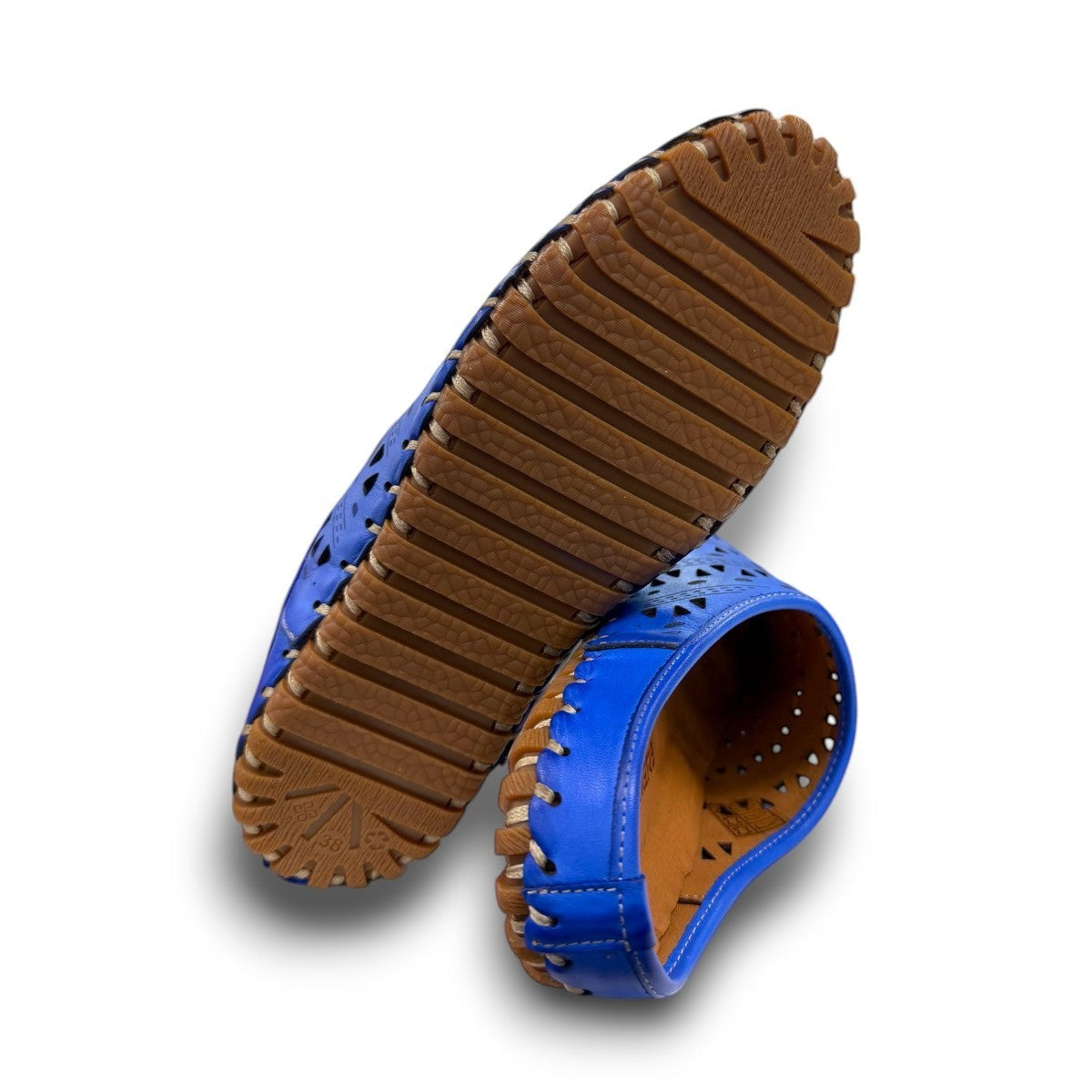 Roamers Verity sax blue leather slip-on sandal with breathable perforated cutouts and a rubber outsole.
photo of the bottom side