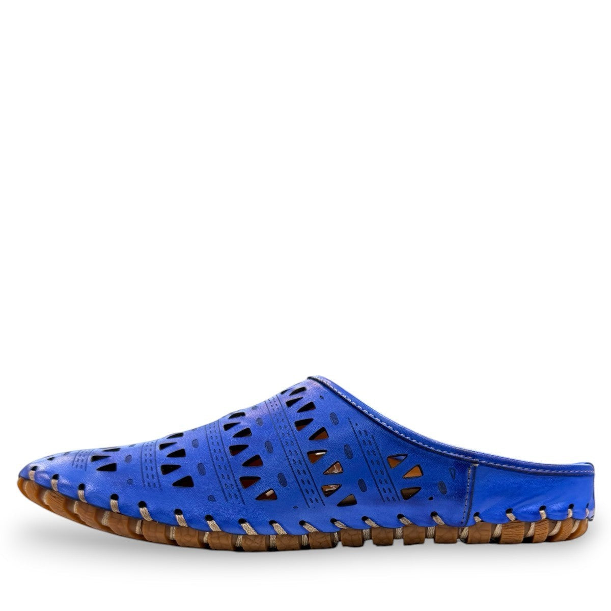 Roamers Verity sax blue leather slip-on sandal with breathable perforated cutouts and a rubber outsole.
photo of the left side