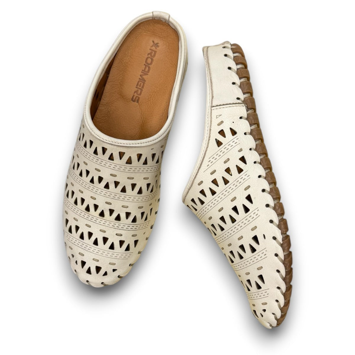 Roamers Verity mink leather slip-on sandal with breathable perforated cutouts and rubber outsole.
photo of the top side