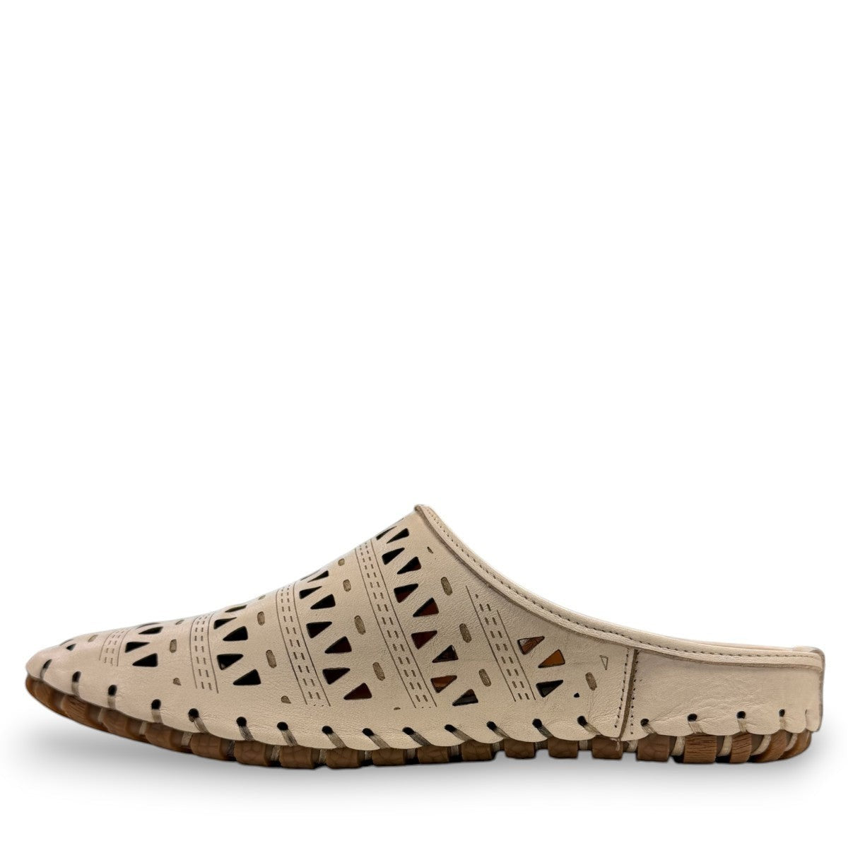 Roamers Verity mink leather slip-on sandal with breathable perforated cutouts and rubber outsole.
photo of the left side