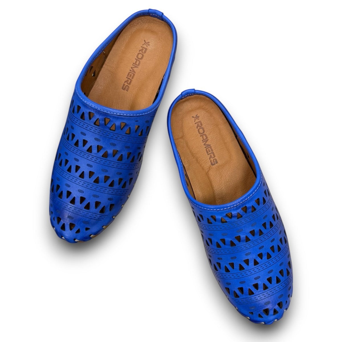 Roamers Verity sax blue leather slip-on sandal with breathable perforated cutouts and a rubber outsole.
photo of the top side