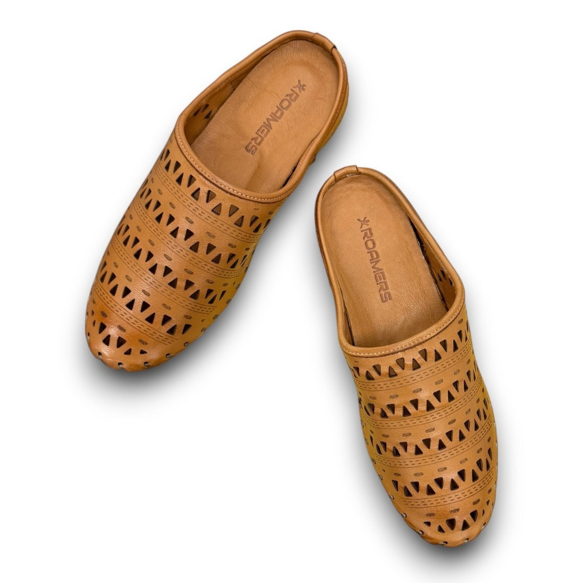 tan leather backless slip-on sandal with breathable perforated cutouts and a durable rubber outsole.
photo of the top side