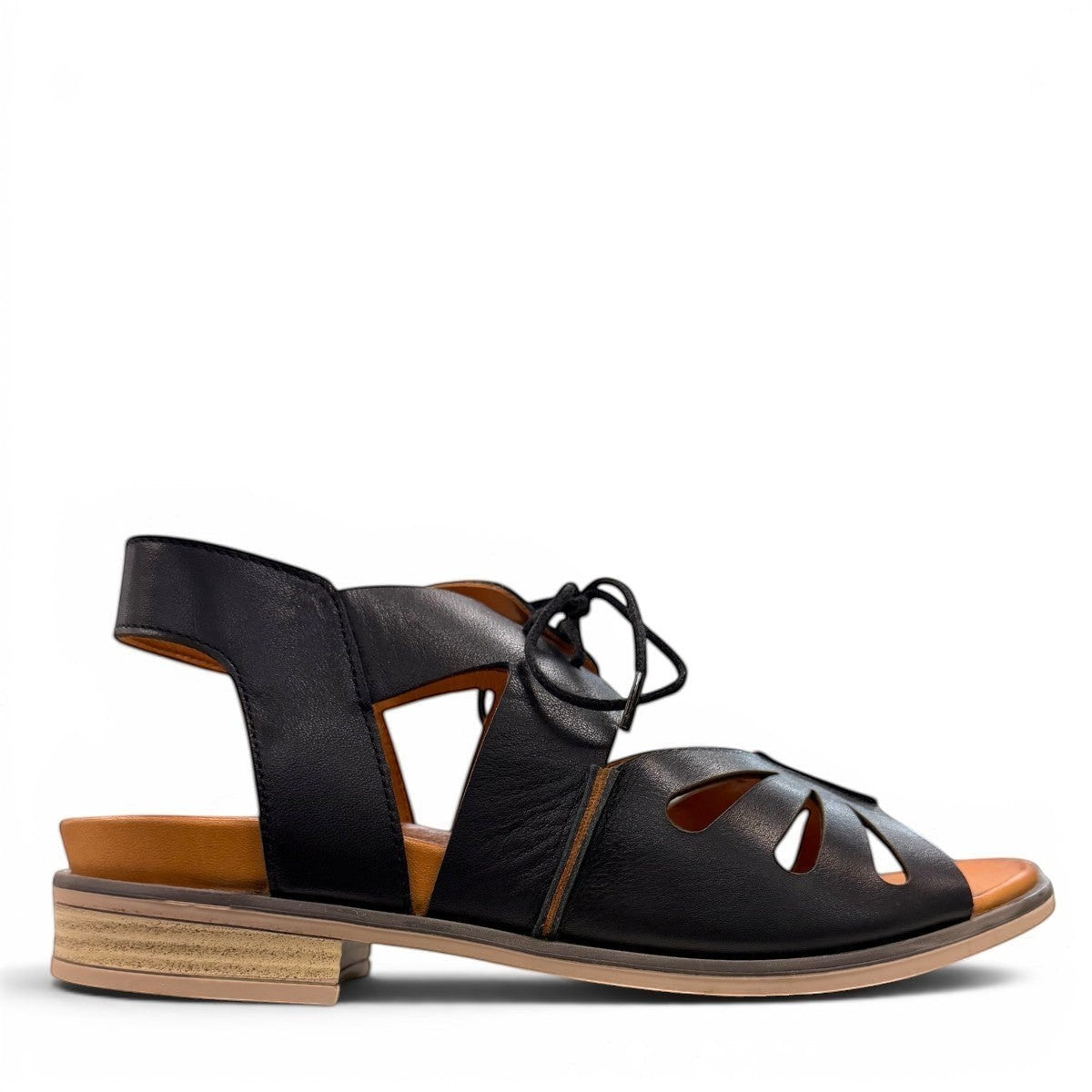 Roamers Vienna black leather lace-up sandals with cut-out details and a low block heel.
photo of the right.