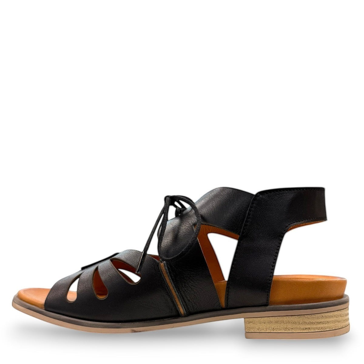 Roamers Vienna black leather lace-up sandals with cut-out design and tan footbed
photo of the left