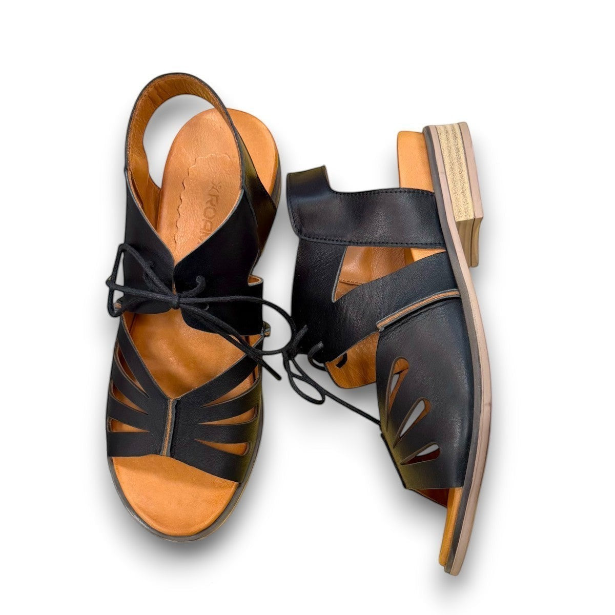 Roamers Vienna black leather lace-up sandals with cut-out design and tan footbed
photo of the top