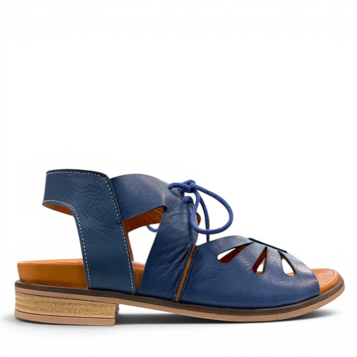 Roamers Vienna sax blue leather lace-up sandals with open-toe design and low block heel.
photo of the right side