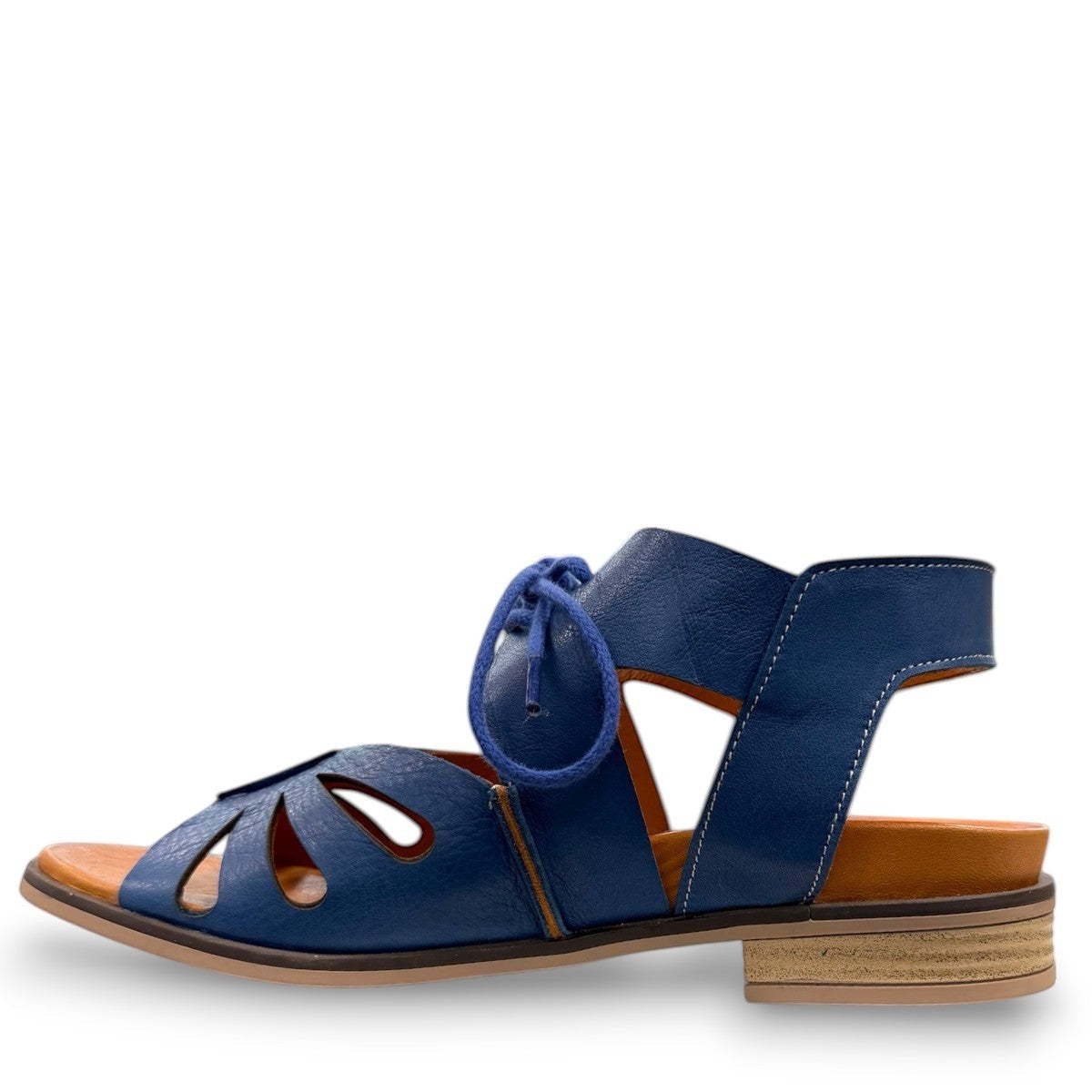 Roamers Vienna sax blue leather lace-up sandals with open-toe design and low block heel.
photo of the left