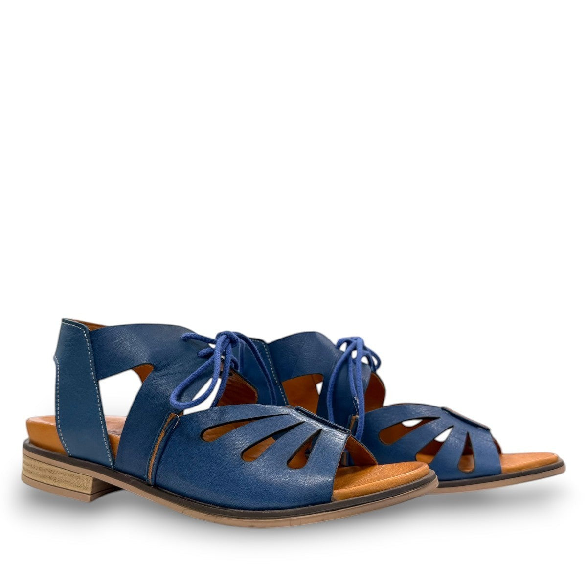 Roamers Vienna sax blue leather lace-up sandals with open-toe design and low block heel.
photo of the side
