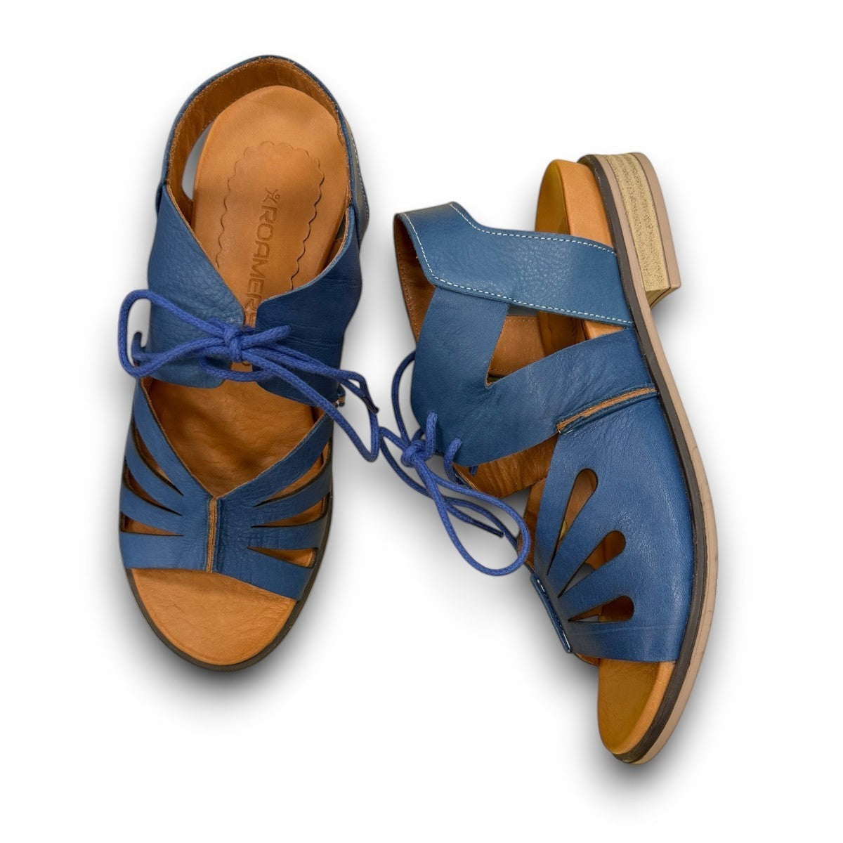 Roamers Vienna sax blue leather lace-up sandals with open-toe design and low block heel.
photo of the top
