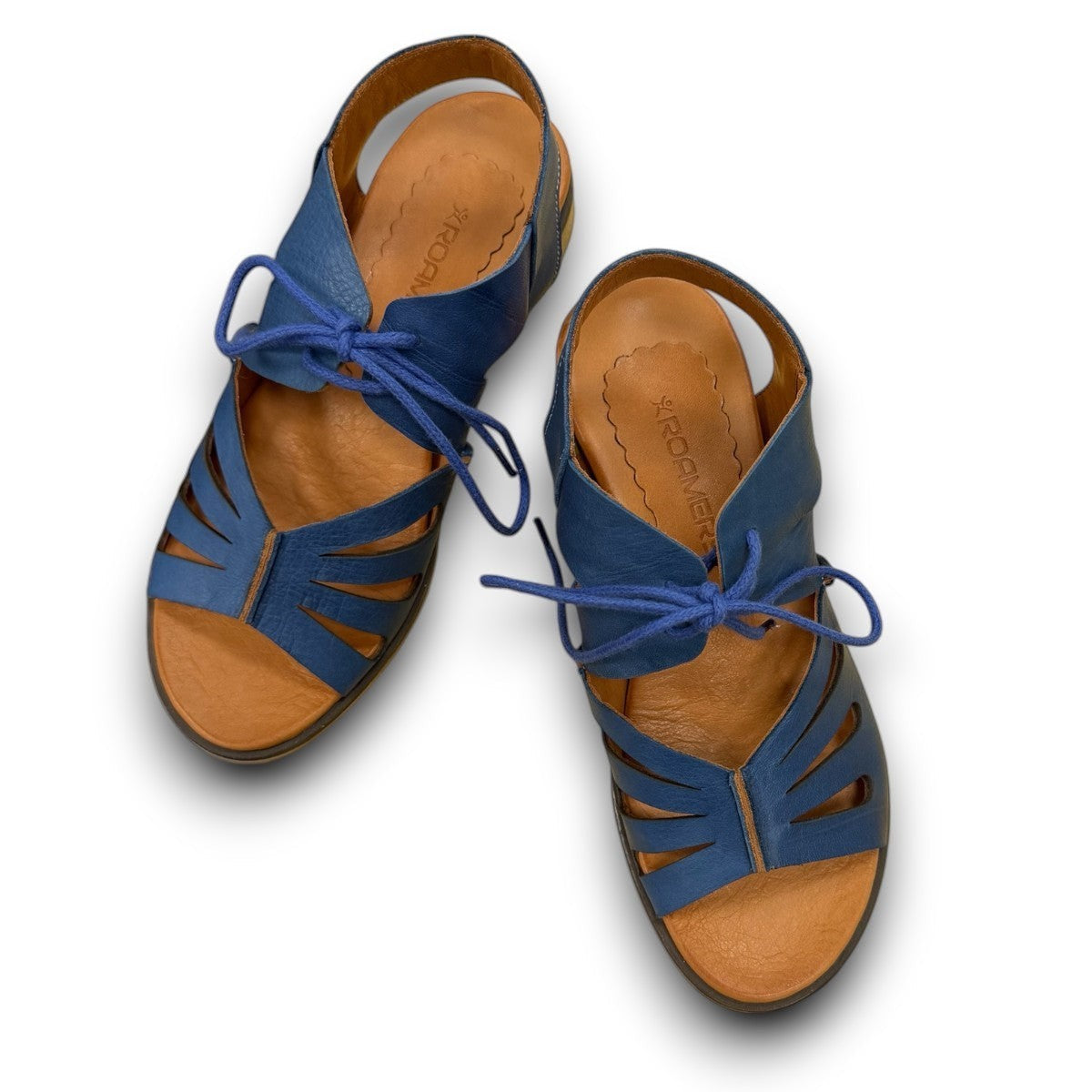 Roamers Vienna sax blue leather lace-up sandals with open-toe design and low block heel.
photo of the top