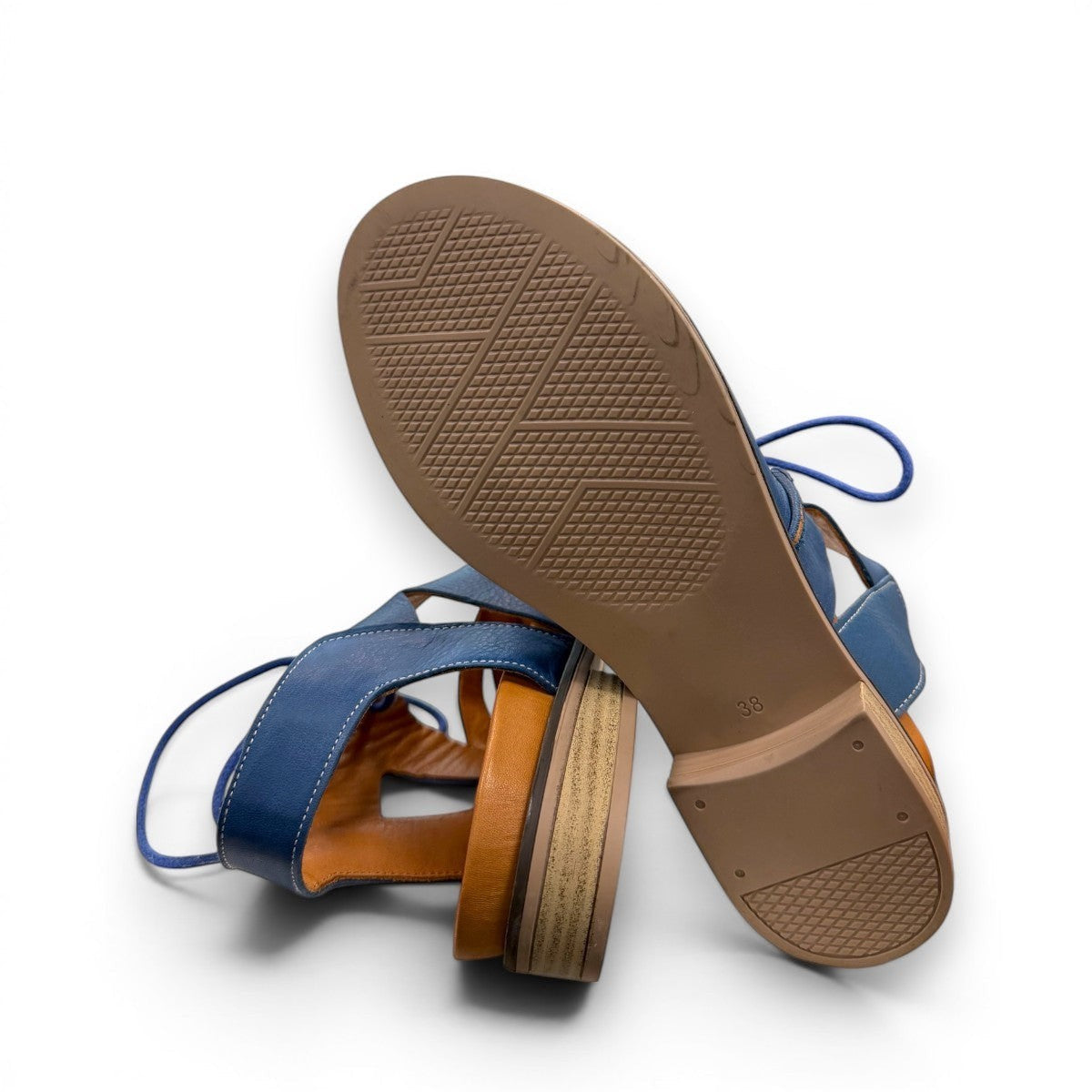 Roamers Vienna sax blue leather lace-up sandals with open-toe design and low block heel.
photo of the bottom