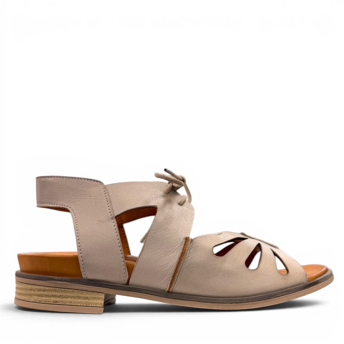 Roamers Vienna silver grey leather sandals with lace-up closure and cut-out floral toe detail.
photo of the right side